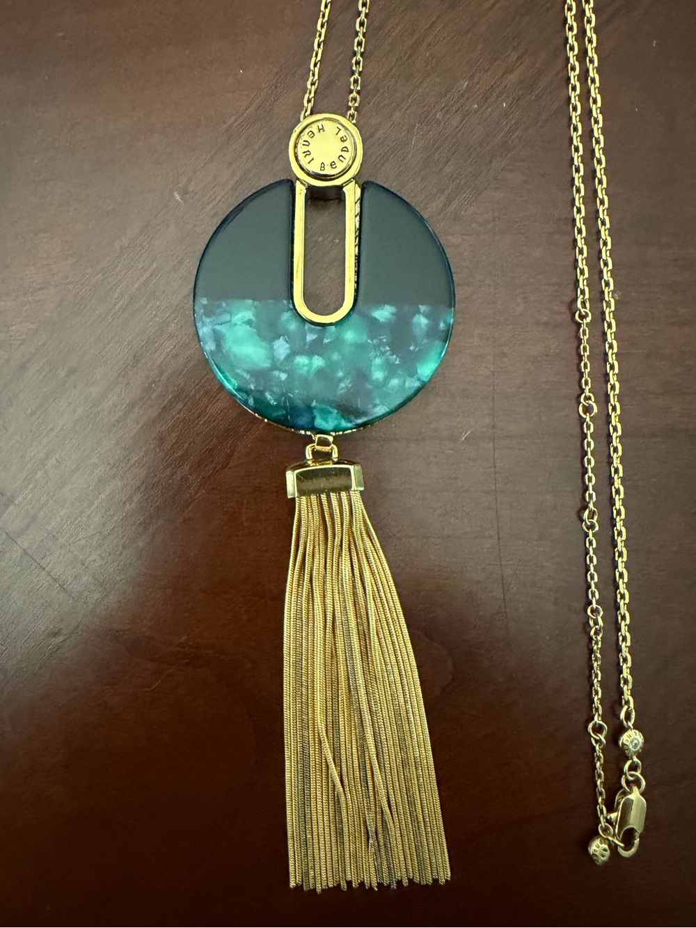 Vintage Henri Bendel Faux Malachite Pendant Tassel Necklace, 46” VGUC